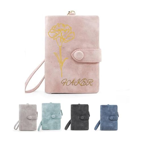 Personalized Wallet Custom Birth Flower & Name, Colorful and Bright Flowers, Change Purse, Mini Wallet for Woman, Leather Wallets for Women, Teen Girl Christmas Gifts 2024 (Pink)