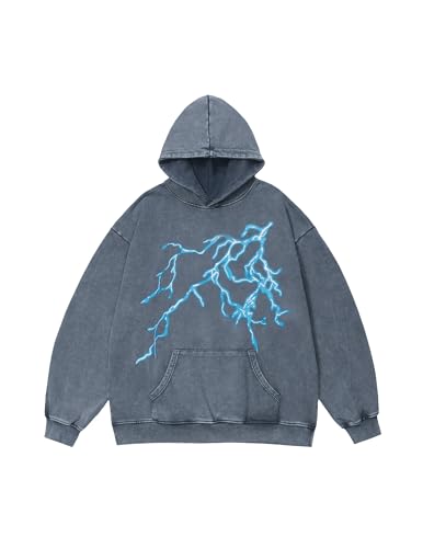 Vamtac Lightning Graphic Hoodies for Men Oversized Unisex Wash Hoodie Y2k Vintage Pullover Hooded Sweatshirt