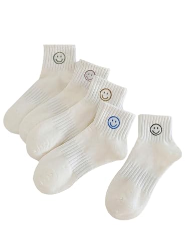 WDIRARA Women's 5 Pairs Cartoon Bear Embroidery Socks Casual Comfy Crew Socks Multicolor Smile One-Size