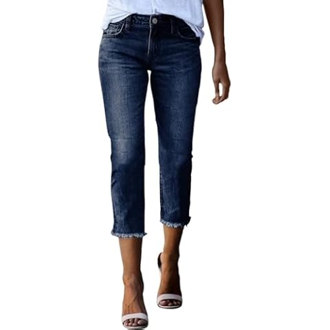 JOFOW Women's Hannah Crop Flare Jeans Casual Skinny Mid Waist Button Jeans Trendy Denim Capri Wide Leg Jeans Woman (Dark Blue,Medium) Cover