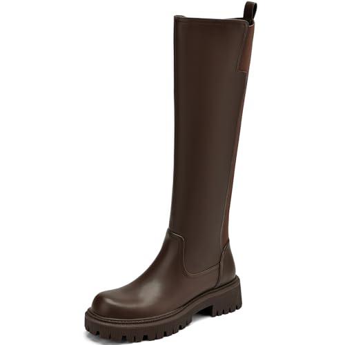 AIUNIIND Damen Kniehohe Stiefel Plateau Stollensohle Stiefel Stretch Runde Zehen Reitstiefel Bequeme Wadenkleid Lange Stiefel, Braun, 39 EU