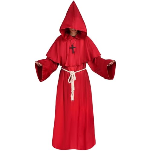BuntWunder Moine Friar Robe Prêtre, Costume de Prêtre, Robe de Moine pour Halloween, Costume de Capuche, Croix Renaissance Autocollant Cicatrice Friar Cowl Outfit (Rouge, XL)