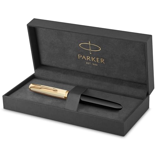 Parker 51 Caneta-tinteiro | Barril preto de luxo com acabamento dourado | Ponta fina de ouro 18 k com cartucho de tinta preta | Caixa de presente