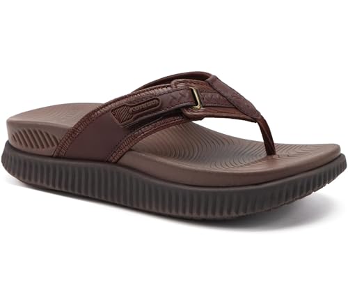 KuaiLu Womens Orthotic Flip Flops with Arch Support Plantar Fasciitis Walking Sandals For Women Ladies Leather Athletic Cushion Recovery Sandals Slip On Indoor Outdoor Summer Casual Brown Size 7.5