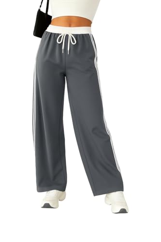 Image of SAKHWALA Women Track Pant | Women's Wide Leg Track Pants High Waist Drawstring Sweatpants with Side Stripes, Casual Loose Fit Lounge Joggers, White