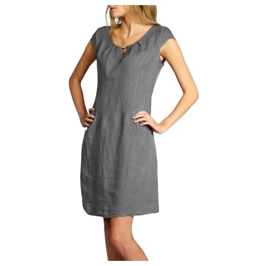Caspar SKL020 knielanges Damen Sommer Leinenkleid mit eleganter Metallspange bis Größe 50, Farbe:grau, Größe:XL - DE42 UK14 IT46 ES44 US12