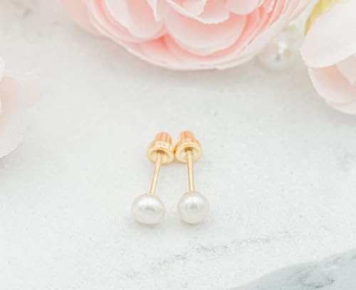Precious Pieces Girls 14K Gold Plated or Sterling Silver 4-5mm Cultured or Simulated Pearl Earrings with Safety Screw Backs for Babies, Toddlers, Teens, or Women4
