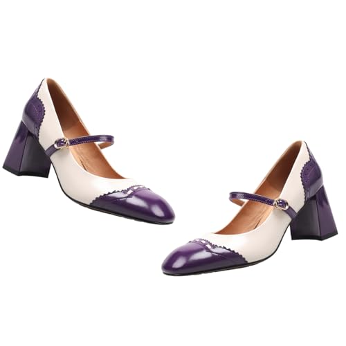 SHODENSE Women Square Toe Chunky Heel Pumps Oxford Ankle Strap High Heels Two Tone Perforated 3 inch Block Heel Mary Jane Shoes Closed Toe Dress Heels Wingtips Vintage Retro 4-11 M US