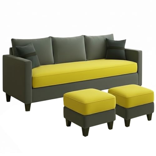 Image of FURNY Oreoy 5 Seater L Shape Sofa Set with 2 Movable Ottoman | Flexible Left or Right Layout | Plush Velvet Fabric (Yellow-Dark Grey) | Perfect for Living Room, Guest Room & Office