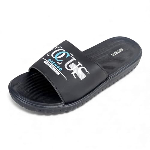 Image of Ovee slide Slip-On Sandals, Black, Textured Footbed with Logo Strap
