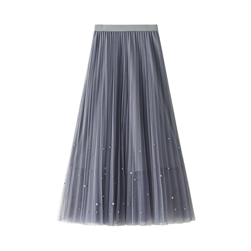 Women's High Waist Flowy Pleated Maxi Skirt Women's Tulle Skirt Elastic Layered Pleated Mesh Flowy A-line Midi Skirt, Grey