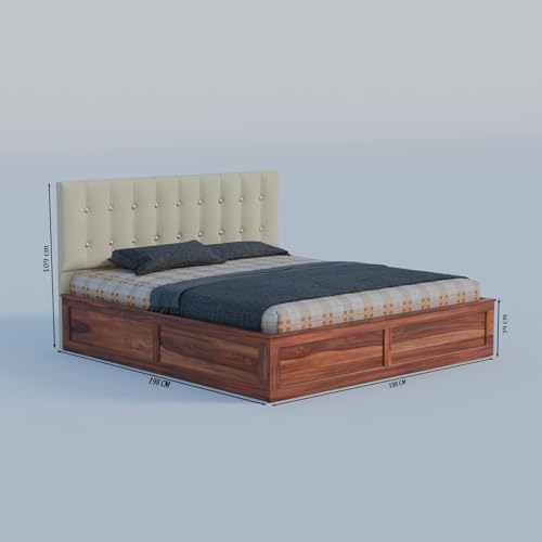 Image of Sheesham Wood King Size Bed with Storage Box | Double Bed for Home | Platform Cot with Cushioned Headboard | Upholstered Beds | Recommended Mattress 78x72 Inch | Cream & Honey Finish