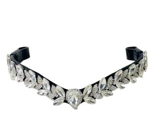 Benz Equestrian V-Shaped Dressage Browband 14" for Horse with Silver Clear Crystal Drops ( Small , Brown Leather)