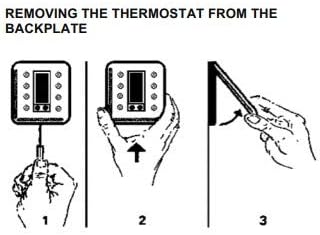 Diagram showing how to remove the thermostat from its backplate.