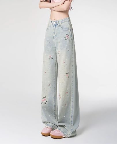 Cute Pants for Women Girls Y2K Embroidered Jeans Loose Low Rise Straight Leg Jeans Casual Preppy Clothes4