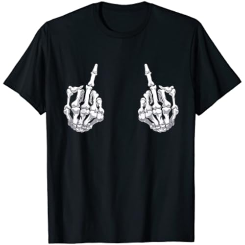 NTUSLFPG Skeleton Hand Halloween Bones Middle Finger Skull Men T-Shirt Fxk Casual Four Seasons Mens T Shirts Homme Black XXL