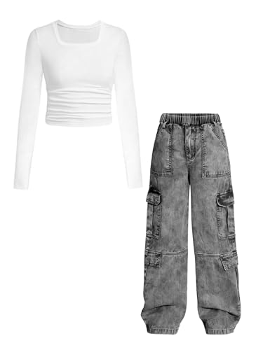 Image of Tween Girls Clothes 2 Piece Long Sleeve Top + Denim Cargo Pants, Teen Girls Fall Clothing Set, Sizes 5-12 Years