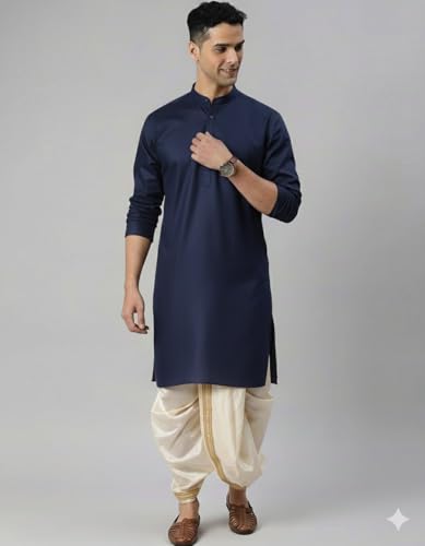 Image of Men Cotton Kurta & Silk Dhoti | Ethnic Wear for Weddings, Festivals & Celebrations (Pack of 1)