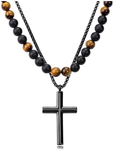 Jovivi Mens Necklace Set 2pcs Matte Black Agate Tigers Eye Gemstone Beaded Healing Crystal Necklace Stainless Steel Cross Pendant Necklace for Men Meditation Jewelry