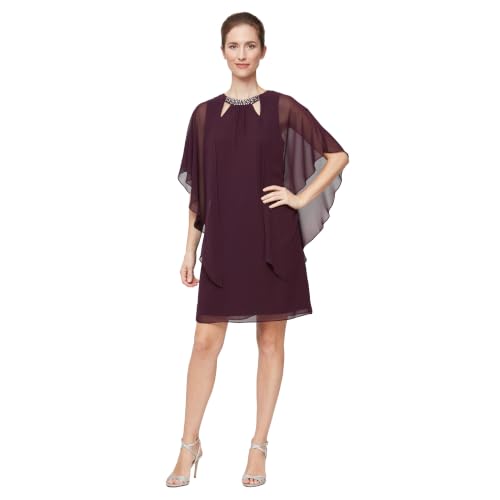 Image of S.L. Fashions Women's Capelet Cascade Sleeve Dress with Beaded Cutout Neckline, Special Occasion Dress