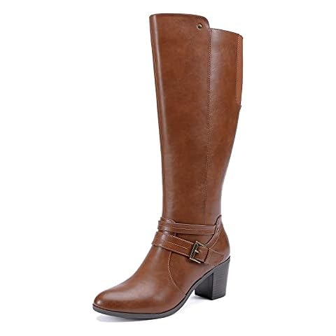 EETTARO Women's Block Mid Heel Boots Extra Wide Calf Winter Booties Fashion Pointed Toe Elastic Buckle Boot, Camel Pu, 5.5 UK Cover