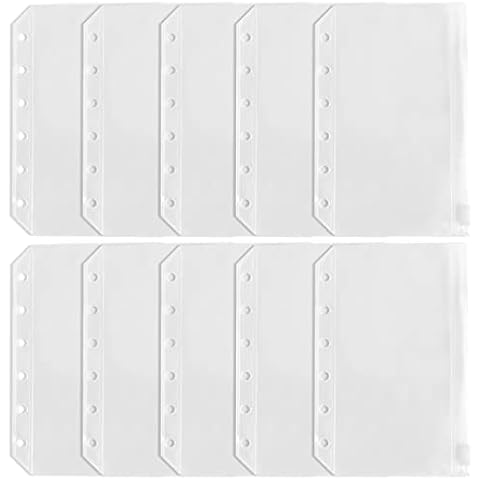 DY.2ten 10PCS A7 Zipper Binder Pockets, Translucent 6-Hole Binder Pocket, Zipper Binder Punched Pockets for A7 Notebook Binder Planners, A7 Binder Pockets Document Wallet, Waterproof Loose Leaf Bags Cover