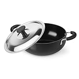 SHRIYA Hard Anodized Kadai 2 Liter with Stainless Steel Lid Heavy Duty Deep Fry Pan for Indian Cooking Gas Stove Compatible Cookware Durable Nonstick Surface with Cool Handles (3mm)