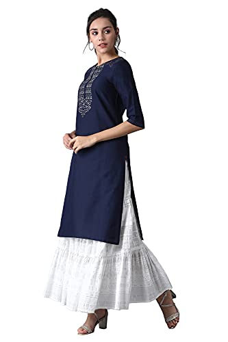 Image of W for Woman Women's Cotton Blend Relaxed Fit Casual Solid Modern Kurta with Embroidery On Yoke