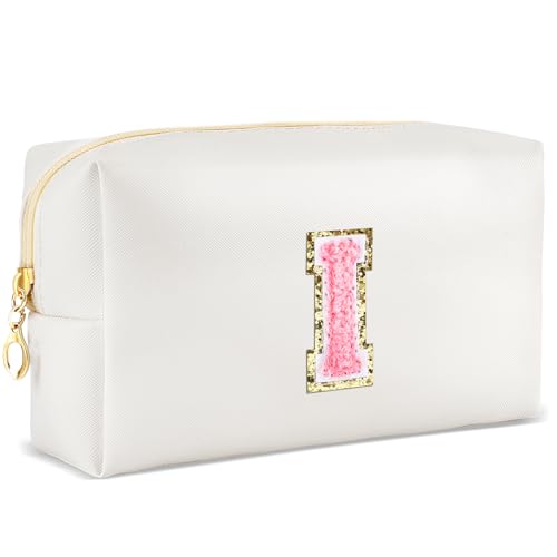 URSKYTOUS Bolsa de maquillaje con inicial personalizada, pequeña bolsa de cosméticos de viaje, bonita bolsa de maquillaje de felpilla blanca de poliuretano para bolso, organizador de artículos de