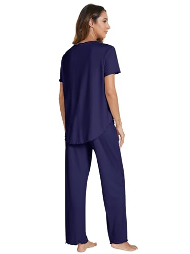 POKWAI Womens Pajama Sets Ruffles Short Sleeve Tops and Pants Soft 2 Piece Pjs Ladies Pajama Sleepwaer4