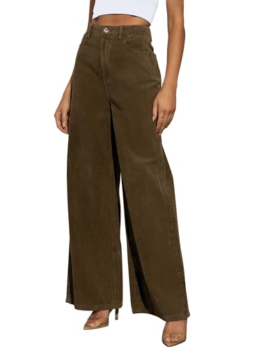 Kocowoo Corduroy High Waisted Wide Leg Pants for Women Dress Pants,Elastic Waist Casual Corduroy Straight Trousers Khaki