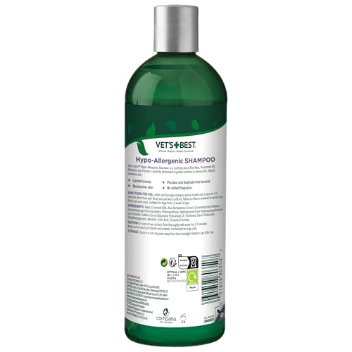 Vet's Best Hypoallergenes Hundeshampoo für empfindliche Haut, lindert Beschwerden bei trockener, juckender Haut, reinigt, befeuchtet und pflegt Haut und Fell 500ml