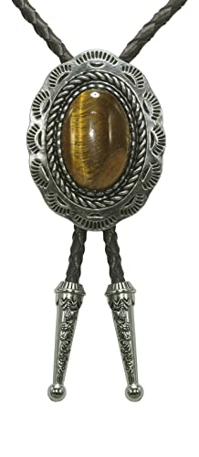 Image of Moranse Bolo Tie with Natural Tiger Eye Stone Celtic Style Genuine and Cowhide Rope