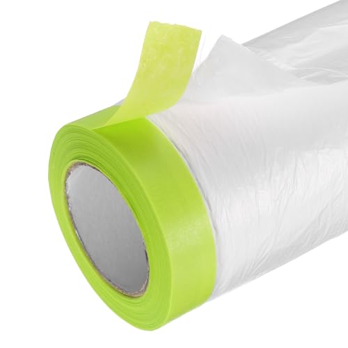 Image of uxcell Pre-Taped Masking Film, 4.9ft x 66ft with 2 Extra Painters Tape, Plastic Drop Cloth with High-Tack Painters Tape for Painting Protection, Green, 4Pcs