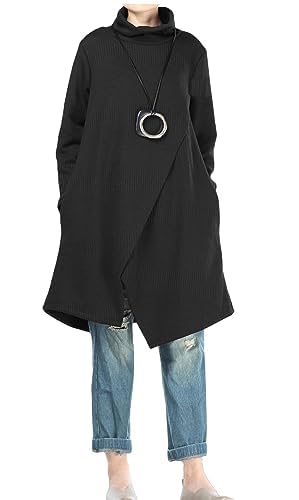 Minibee Women's Long Sleeves Dress Cowl Neck Pullovers Irregular Hem Sweater Dress with Pockets
