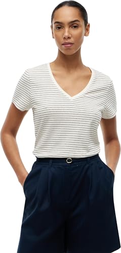 Tommy Hilfiger Camiseta de Manga Corta Mujer Linen con Cuello de Pico, Blanco (Small BRT STP Calico/Black), XL