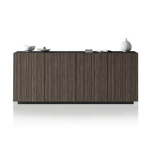 WHOUS Credenza e Buffet COSTE per Soggiorno con 4 Ante, Madia in Stile Canneté per Salotto e Cucina in Legno, 200x43x86 cm, Antracite Opaco e Legno Scuro