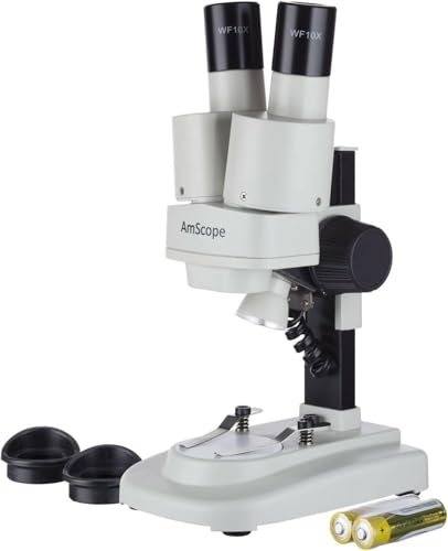 Image of AMSCOPE-Kids SE100X Portable Binocular Stereo Microscope, WF5X and WF10x Eyepieces, 10X and 20X Magnification, 2X Objective, Tungsten Light Source, Reversible Black /White Stage Plate, Battery-Powered