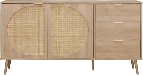 Image of Goldview Modern Wooden Sideboard Cabinet - Natural Oak Finish, Rattan Door Panels, 3 Storage Drawers, Contemporary Living Room Furniture