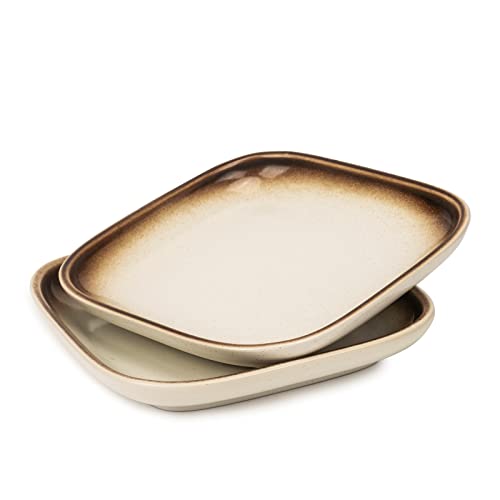 Lot de 2 assiettes rectangulaires en céramique de 23 cm pour steak, pâtes, salade, apéritif, dessert sushi et donburi, cadeau japonais fait à la main - Lot de 2 assiettes rectangulaires (moka) Cover
