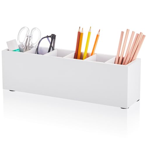 Image of Jetec Wooden Pencil Pen Holder for Desk 6 Compartments Cosmetic Makeup Brush Stationery Office Desktop Organizers for Countertop Adjustable Silverware Caddy for Party, Art Supplies,Home(White)