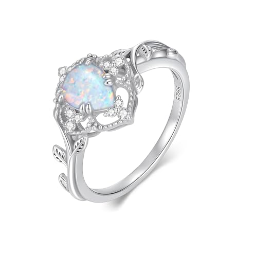 YDD 1.5ct Pear Cut Opal Engagement Rings for Women Genuine Opal Rings for Women 925 Sterling Silver Art Deco Vine Leaf Anniversary Promise Ring