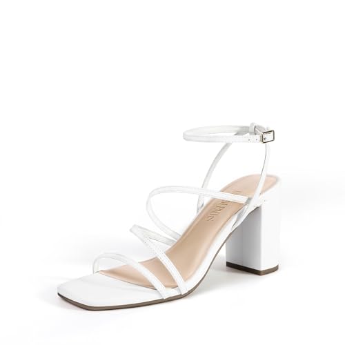 DREAM PAIRS Women's Heels Chunky Block Strappy Square Open Toe Ankle Buckle Heeled Sandals Wedding Party Dress Shoes Indie,Size 6.5,White,SDHS2428W