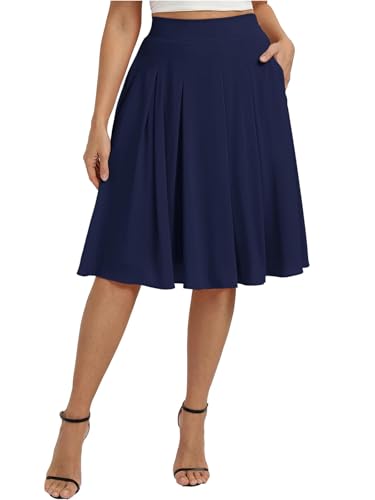 Belle Poque Women High Waist Pleated A Line Skirt Below Knee Length Flowy Dressy Casual Skirts with Pockets Navy Blue L