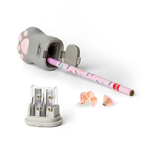 Image of Legami Meow Pencil Sharpener with Holder | 4.5 x 7 cm | Double Hole for Standard and Jumbo Pencils | Lockable Lid | Chip Tank | Built-in Mirror