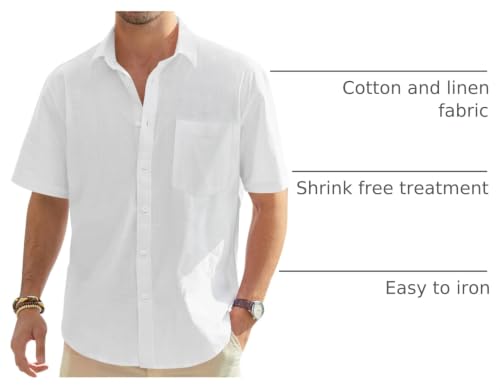 Image of J.VER Mens Linen Shirt Short Sleeve Big Tall Button Down Casual Shirts | Summer, Cotton Linen, Lightweight, for Beach Camp Vacation, Cruise Fishing, Work Office, Wedding Party Family, with Pocket