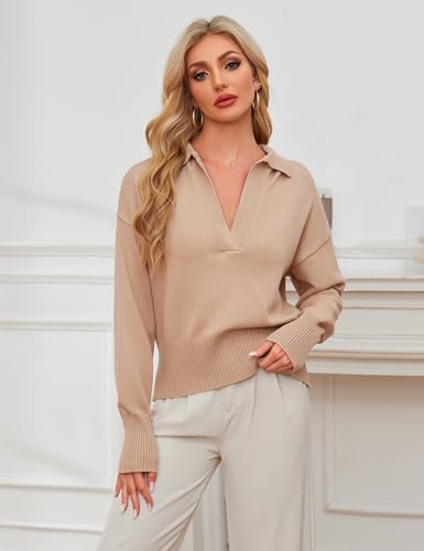 OLAPTA Women Knitted Lapel Collar Crop Sweater Polo V Neck Long Sleeve Loose Fit Casual Comfy Pullover Sweater Jumper Tops3