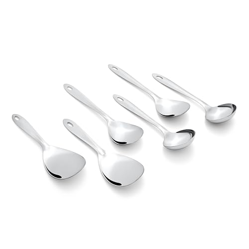 Image of Montavo by FnS 6 Pieces Stainless Steel Serving Spoon Set, 2 Rice Servers, 2 Gravy Ladles, 2 Vegetable Serving Spoons, Mirror Finish Food Grade Serving Cutlery for Home, Kitchen & Dining
