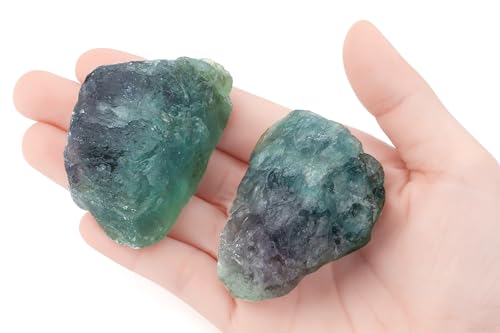 Image of 2Pcs Rainbow Fluorite 1.8-2.2 inch Large Raw Crystals Rocks Rough Stones Healing Crystal for Cabbing DIY Wicca Reiki Decoration Wire Polishing Wrapping Tumbling Natural Colorful Fluorite Gifts
