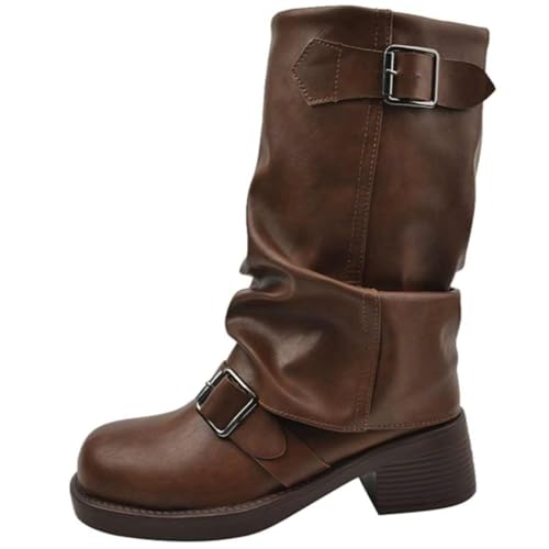 WUNAMOX Winter Boots for Women French Vintage Western High Heeled Stacked Pleated Mid Calf (brown,8)